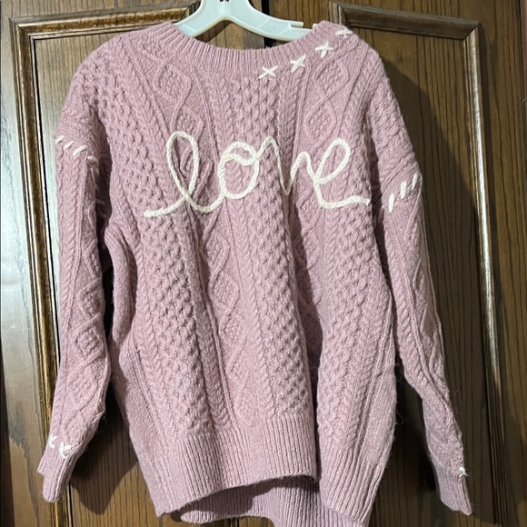 Sweaters - Pink Cable Knit Sweater with Love Embroidery